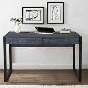M MAJOR-Q 99400-4827JET Tone 52" W Computer Desk with Two Drawers, Power Outlet, USB Ports-Sturdy Wooden Study, Home Office Writing Laptop Table Blue Finish, Dark Grey and Black