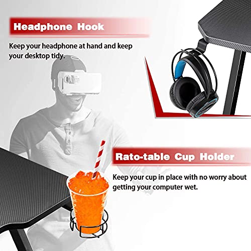 Greesum Gaming Desk, 44 Inch Home Office Computer Table, Z Shaped Gamer Workstation Fiber Surface Cup Holder & Headphone Hook, Carbon Black