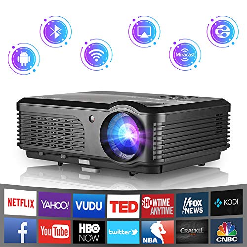 Smart Video Projector with Bluetooth, Wireless WiFi Home Projector Support Full HD 1080p Zoom HDMI USB, LED LCD Projector for Indoor Outdoor Entertainment Laptop Fire TV Stick DVD Player Game Console