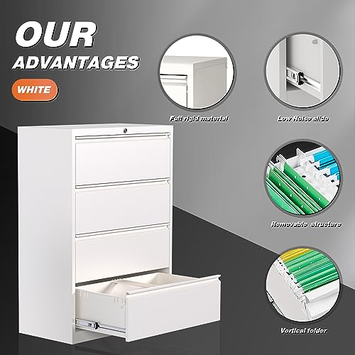 SUXXAN 4 Drawer Metal Lateral File Cabinet with Lock, White - Letter/Legal/F4/A4 Size