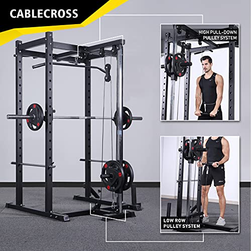 Mikolo Olympic Power Cage, 1000 lbs Commercial Weight Cage with LAT Pull-Down Pulley System, J-Hooks, 360 Degree Landmine, Dip Bars, Barbell Holder, and Other Attachments for Home Gym