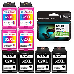 8 Pack Remanufactured Compatible 62XL Ink Cartridge Replacement for HP Envy 7645 5646 5643 5665 7643 7644 5644 5661 5663 5664 Officejet 5740 5741 5742 Printer Ink Cartridge (4 Black + 4 Tri-Color).