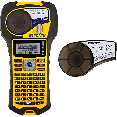 Brady BMP21-PLUS Handheld Label Printer with Rubber Bumpers, Multi-Line Print, 6 to 40 Point Font & Authentic (M21-500-595-WT) All-Weather Vinyl Label.5" Width, 21' Length