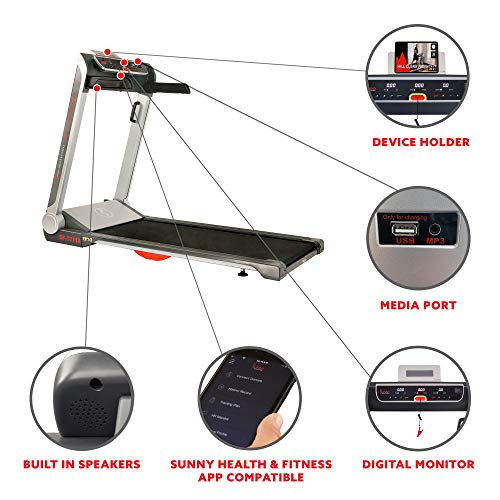 Sunny Health & Fitness No Assembly Motorized Folding Running Treadmill, 20" Wide Belt, Flat Folding & Low Profile for Portability with Speakers for USB and AUX Audio Connection - Strider, SF-T7718