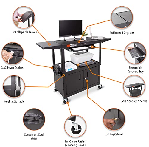 Stand Steady Line Leader Large AV Cart with Locking Cabinet & Drop Leaves, Rolling Height Adjustable Utility Cart with Pullout Laptop Keyboard Tray & Cord Management, Narrow Mobile Workstation (Black, 54 x 18)