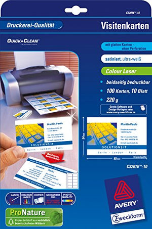 Avery Zweckform Business Cards Quick&Clean Colour Laser Surface Structure 220 g/m² DIN A4 85 x 54 mm Satined Ultra White 5000 Cards 500 Sheets