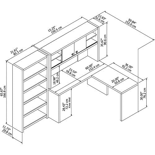 Office by kathy ireland Echo L Shaped Desk with Hutch and 5 Shelf Bookcase in Pure White