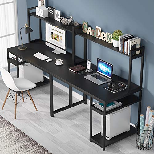 LITTLE TREE Double Desk, 94.5 inches Extra Long Computer Desk with Hutch and Storage Shelves, Two Person Workstation Table for Home Office, Dual Writing Study Desk, (Black)