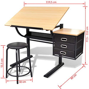 LUCKDEER Three Drawers Tiltable Tabletop Drawing Table with Stool