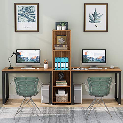 Tribesigns Double Computer Desk with Bookshelf, 91.7 Inches Extra Long Two Person Desk with Storage Shelves, Writing Desk Workstation for Home Office (Brown)