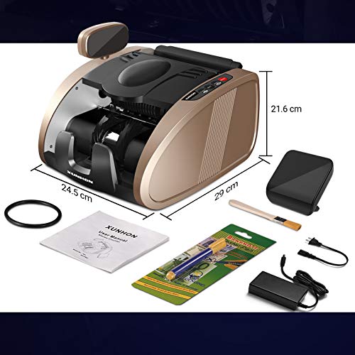 XUNHON Rechargeable Money Counter Machine with UV/MG/IR Counterfeit Detection, Cash Counting Machine with 9 Modes, 2600mAh Battery and 2LCD Display,1300 Bills/Min -X01-Pro