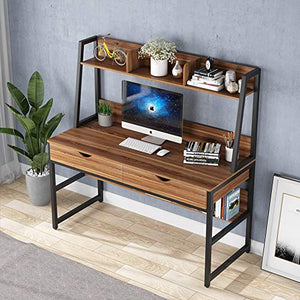 Tribesigns Computer Desk with 2 Drawers, 47 Inches Office Writing Desk with Bookshelf and Hutch, Space Saving Workstation Desk for Home Office (Dark Walnut)