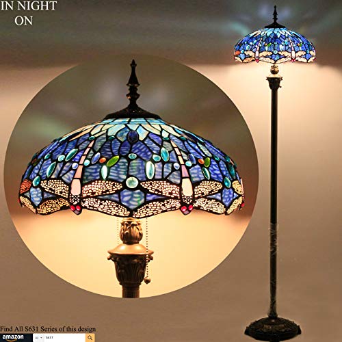 WERFACTORY Tiffany Dragonfly Blue Cloud Stained Glass Floor Lamp 16X16X64 Inches - Antique Pole Corner Lamp for Bedroom, Living Room, Home Office (S631 Series)