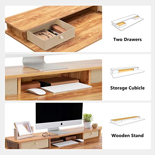 FEZIBO Height Adjustable Electric Standing Desk with Double Drawer, 55 x 24 Inch Stand Up Table with Storage Shelf, Sit Stand Desk with Splice Board, Black Frame/Light Rustic Top