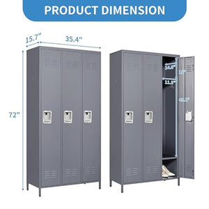 BIZOEIRON 3 Doors Metal Locker with Lock, 72" Steel Storage Cabinet - Grey