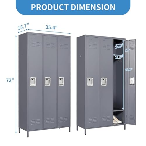 BIZOEIRON 3 Doors Metal Locker with Lock, 72" Steel Storage Cabinet - Grey