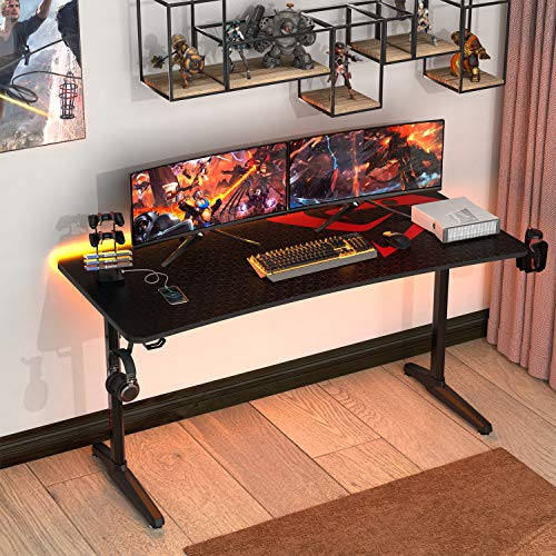 DESIGNA 60 inch Gaming Desk, Computer Desk with Mouse Pad, T-Shaped Professional Writing Table Workstation with USB Handle Rack & Cup Holder& Headphone Hook, Carbon Fiber Black