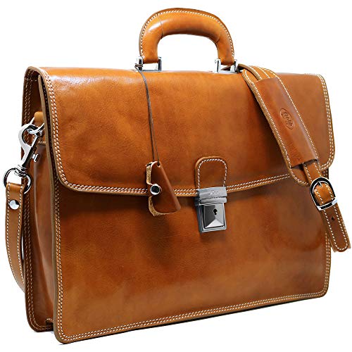 Floto Full Grain Leather Milano Briefcase Attache Laptop Case (Olive (Honey) Brown)