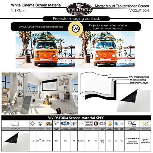 VIVIDSTORM Office Presentation Mortar Mount Tension Screen,Electric Drop Down Projector Screen,100-inch Diag 16:9, White Cinema Screen Material,Gain 1.1, Wireless 12V Projector Trigger,Model:VXZLW100H