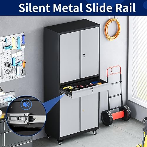 Yizosh Metal Garage Storage Cabinet with Locking Doors, Adjustable Shelves, and Drawer - 73" Steel Rolling Tool Cabinet