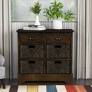 TREXM Rustic Storage Cabinet with Two Drawers and Four Classic Fabric Basket for Kitchen/Dining Room/Entryway/Living Room, Accent Furniture (Dark Brown)