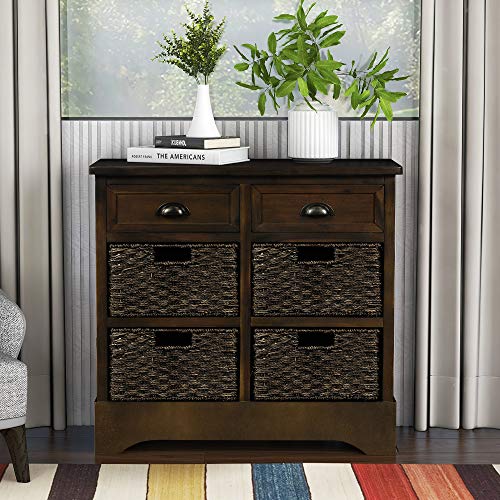 TREXM Rustic Storage Cabinet with Two Drawers and Four Classic Fabric Basket for Kitchen/Dining Room/Entryway/Living Room, Accent Furniture (Dark Brown)