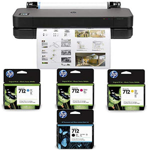 HP DesignJet T230 Large Format Printer, 24" Color Inkjet Plotter, Wireless, Bundle with HP 712 29ml Cyan/ HP 712 29ml Magenta / HP 712 29ml Yellow / HP 712 38ml Black Ink Cartridges