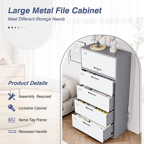 LISSIMO Metal File Cabinet with Lock, 4 Drawer Lateral Filing Cabinet - Home Office Storage
