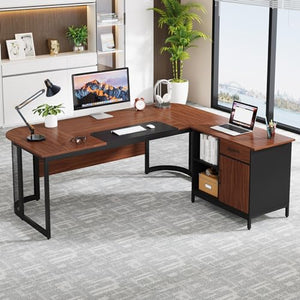Tribesigns Executive Desk with File Cabinet, L-Shaped Office Desk with Drawer and Shelves