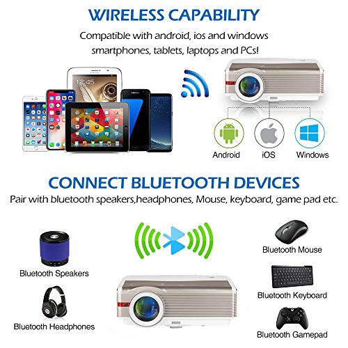 Bluetooth Movie Projector Wxga 2019 LED Android Indoor Outdoor 5000 Lumens Digital Wireless Smart HD LCD Wifi Projector HDMI USB VGA AV Audio for 1080P Blue ray DVD TV Home Cinema Youtube Games