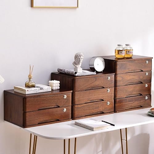 DFANCE Desktop File Cabinet Storage Box with Lockable Drawers, Solid Wood, Office Supplies Organizer (40*28*31cm, Walnut+White)