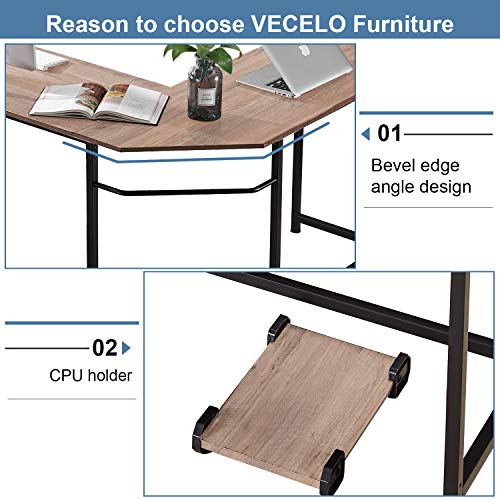 VECELO L-Shaped Computer Desk 66" with CPU Stand/PC Laptop Study Writing Table Workstation for Home Office Wood & Metal,Oak+Black Leg