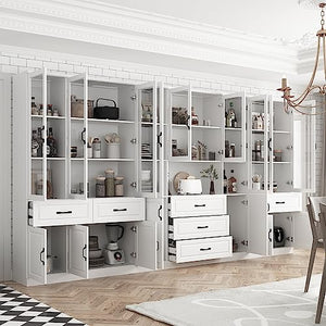 Hitow Tall Bookshelf with Glass Doors & Drawers, 2-Piece Large Storage Cabinet Set - White (141.7" W x 15.7" D x 78.9" H)