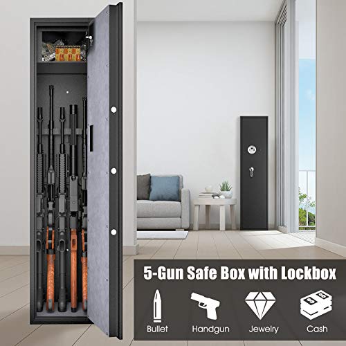 Goplus Rifle Gun Safe, Large Long Gun Safe w/Separate Pistol Lock Box, 5-Gun Safe Box w/ Digital Keypad & Emergency Keys, Electronic Gun Security Cabinet for Home (Biometric Fingerprint Recognition)