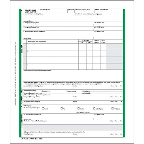 Non-Hazardous Waste Manifest - Pin-Feed Continuous Format, 5-Ply, Carbonless, 9.5” x 11”, English – Package Qty: 500 - J. J. Keller & Associates