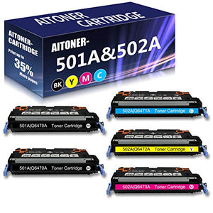 5 Pack (2BK+1C+1M+1Y) 501A | Q6470A & 502A | Q6471A Q6472A Q6473A Remanufactured Toner Cartridge Replacement for HP Color 3600n 3600 3600dtn 3600dn Printer Ink Cartridge