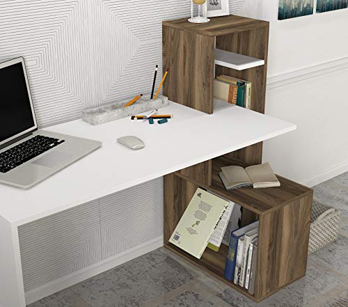 MAKENZA Serra Office Desk Modern Living Room Furniture with Adjustable Shelves & One Hidden Cabinet, Writing Workstation Table Compatible for Home, Office Study (White-Walnut)