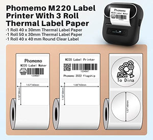 Phomemo M220 Label Maker - 3.14 inch Barcode Label Printer, Portable Bluetooth Sticker Maker Machine for Mailing, Labeling, Home, Small Business, Compatible with iOS/Android, with 3 Roll Labels