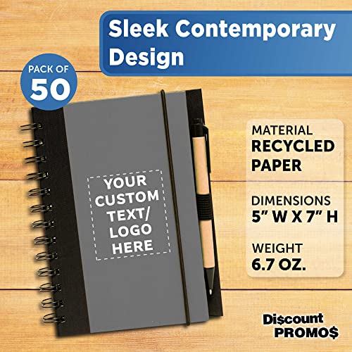 50 ECO Block Notebooks with Pens Pack - Customizable Text, Logo - Spiral, Recycled, Elastic Loop - Smoke