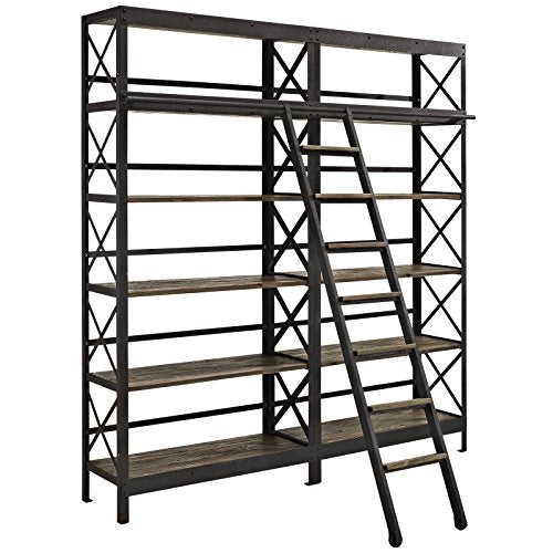 Modway Headway Industrial Modern Wood Bookshelf With Ladder in Brown