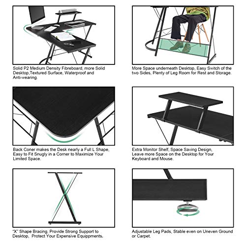 Mr IRONSTONE L-Shaped Desk 50.8" Computer Corner Desk, Home Gaming Desk, Office Writing Workstation with Large Monitor Stand, Space-Saving, Easy to Assemble, Black