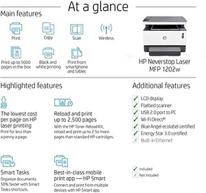 HP Neverstop MFP 1202w Monochrome All-in-One Wireless Laser Printer with Cartridge-Free Toner Tank, Mobile Print, Print&Scan&Copy, 1.8" Display, 600 x 600 DPI, 150-Sheet, 21ppm, with Printer Cable
