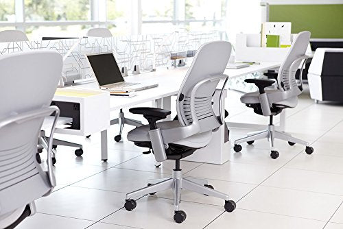 Steelcase Leap Desk Chair with Headrest Soapstone Leather Seat and Back - Highly Adjustable Arms - Black Frame and Base - Standard Carpet Casters