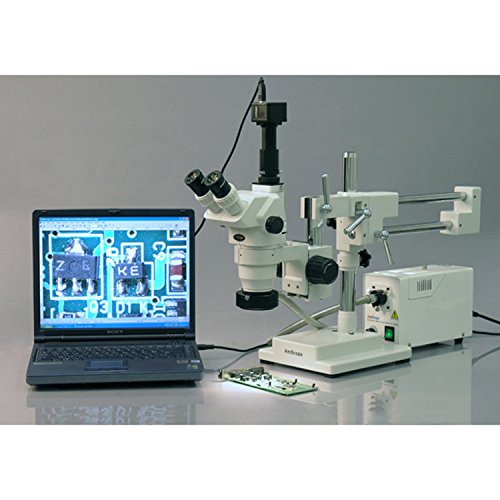 AmScope ZM-4TW3 Professional Trinocular Stereo Zoom Microscope, EW10x and EW25x Eyepieces, 2X-225X Magnification, 0.67X-4.5X Zoom Objective, Ambient Lighting, Double-Arm Boom Stand, Includes 0.3x and 2.0x Barlow Lenses