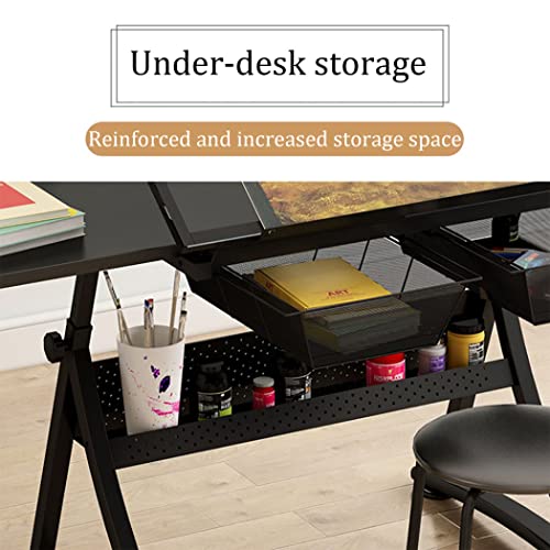 FLaig Glass Drafting Table Desk with Tilting Feature and Slide Drawers