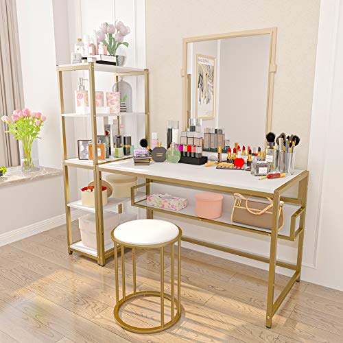 Teraves Computer Desk with 5 Tier Shelves,Reversible Writing Desk with Storage 47 Inch Study Table for Home Office Independent Bookcase and Desk for Multiple Scenes (Desk+Shelves, White+Gold Frame)