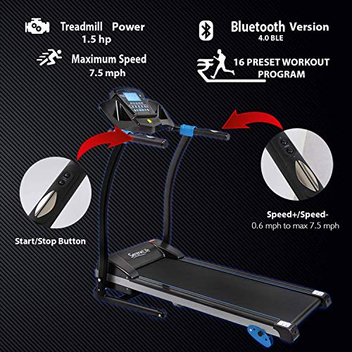 Smart Digital Manual Incline Treadmill - Slim Folding Electric 2.5 HP Indoor Home Foldable Fitness Exercise Running Machine with Downloadable App, MP3 Player, Safety Key - SereneLife SLFTRD25