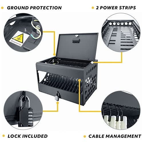 16-Device Charging Station for Chromebooks - Locking Charging Cabinet with Cable Management, Charger Storage, and Lock Included - Fits 14'' Screensize and 1.2'' Thick Tablets (Black)