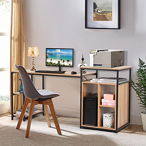 Home Office Desk with Printer Stand and Storage Shelves, 47 inches Computer Desk Large Gaming Desk Multifunctional Writing Table Workstation with Space Saving Design (Brown)