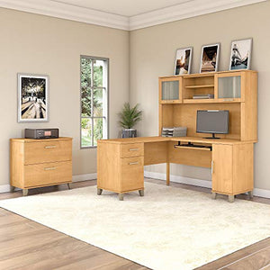 Bush Furniture Somerset 60W L Shaped Desk with Hutch and Lateral File Cabinet in Maple Cross